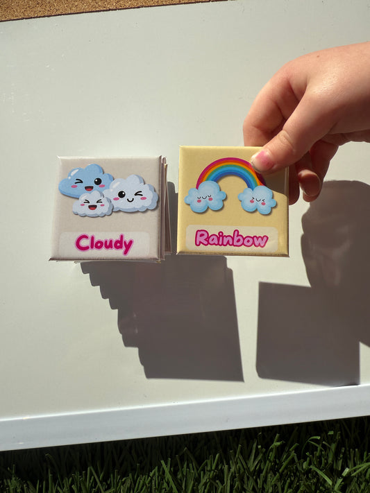  Close-up of Cloudy and Rainbow weather magnets for children