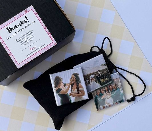 Personalized photo magnets with images of people and a velvet pouch on a checkered background