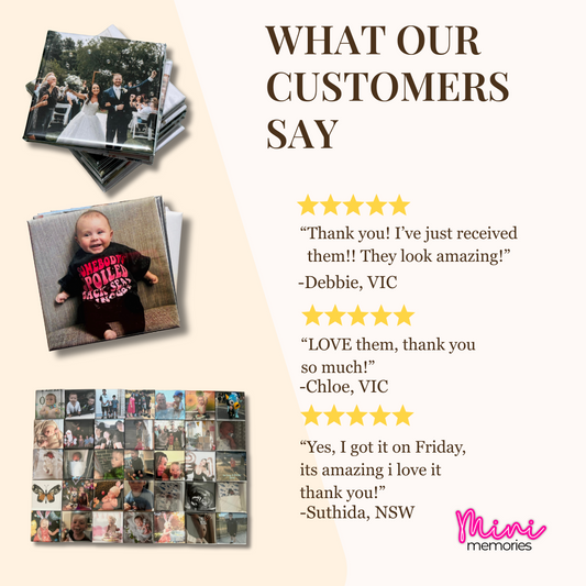 Customer testimonials for Mini Memories photo magnets featuring 5-star reviews from happy buyers in VIC and NSW, alongside images of their printed photo magnets.