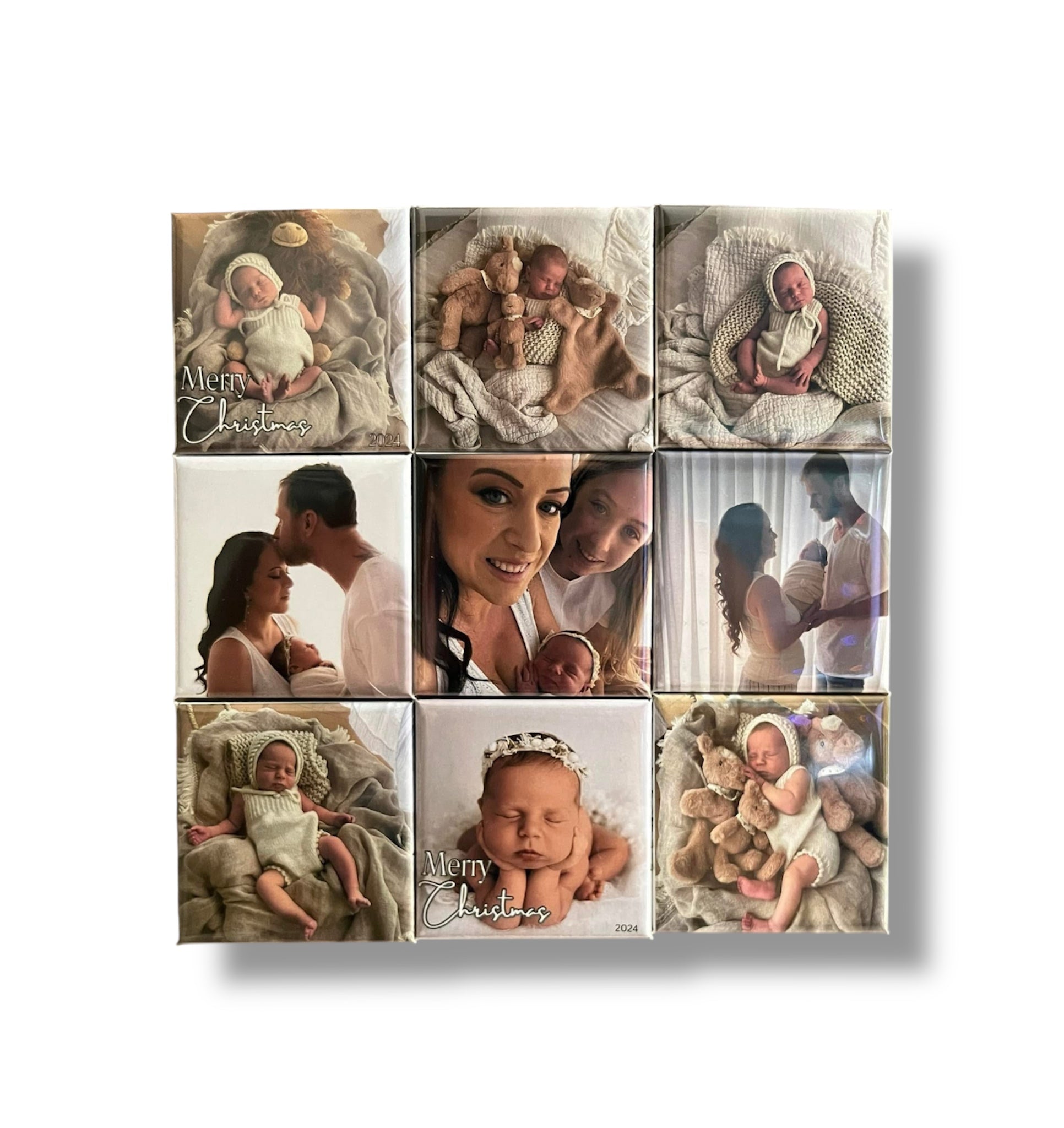 Custom photo magnets displayed on a light background, made from baby, family, or maternity photos – available in sets of 9 to 24.
