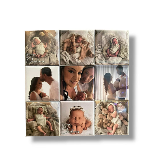 Custom photo magnets displayed on a light background, made from baby, family, or maternity photos – available in sets of 9 to 24.
