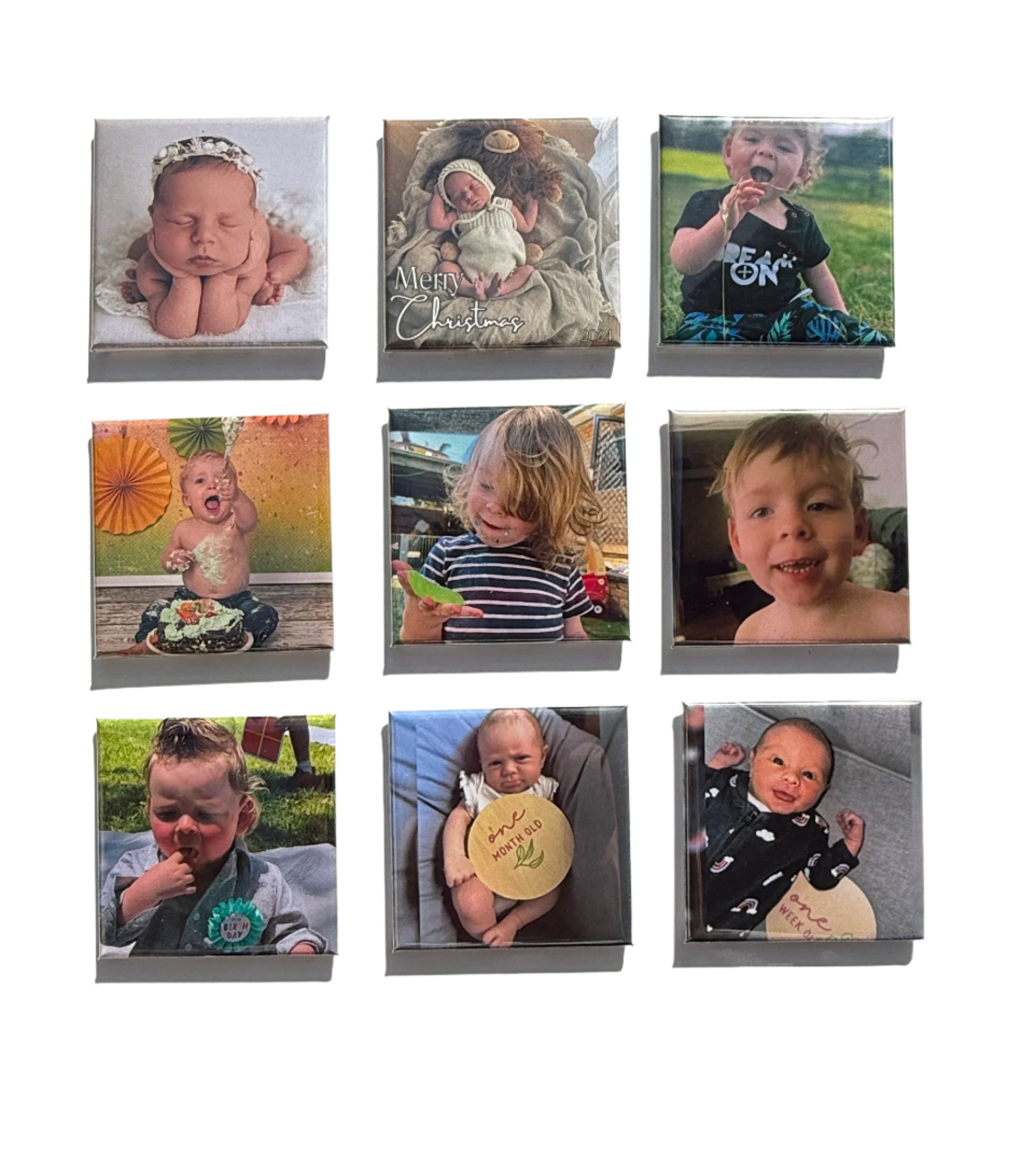 Custom photo magnets featuring baby milestones, toddler moments, and newborn portraits – personalized keepsake set of 9 magnets displayed on a white background.
