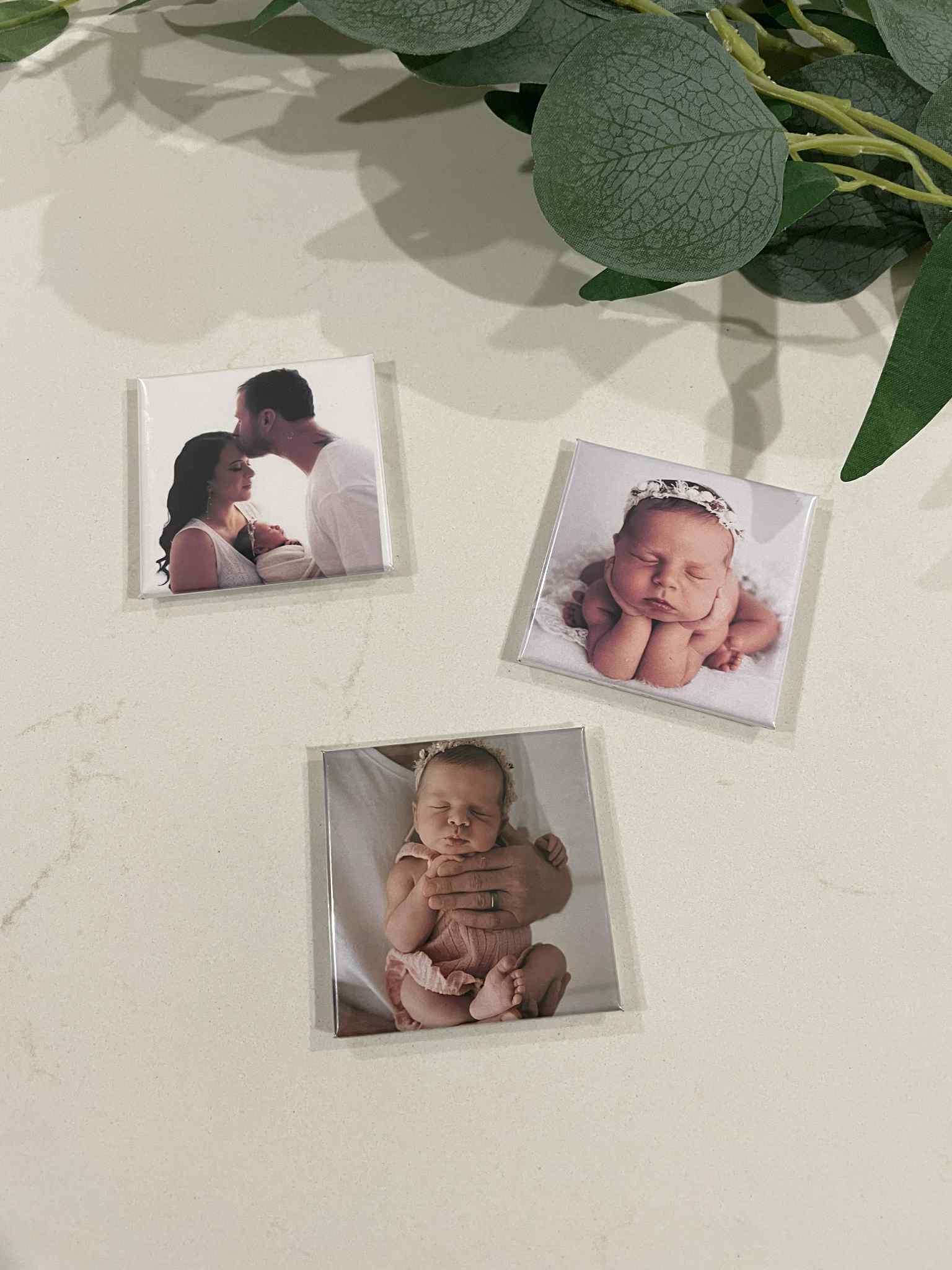 Three square magnets of babies on a light surface with green leaves in the background