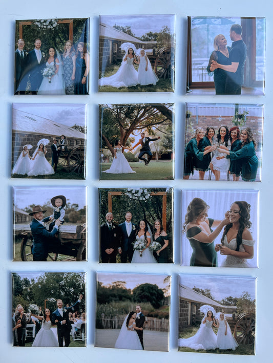 Custom wedding photo magnets featuring bride, groom, family, and friends – personalized keepsake set of 12 displayed on a white background.


